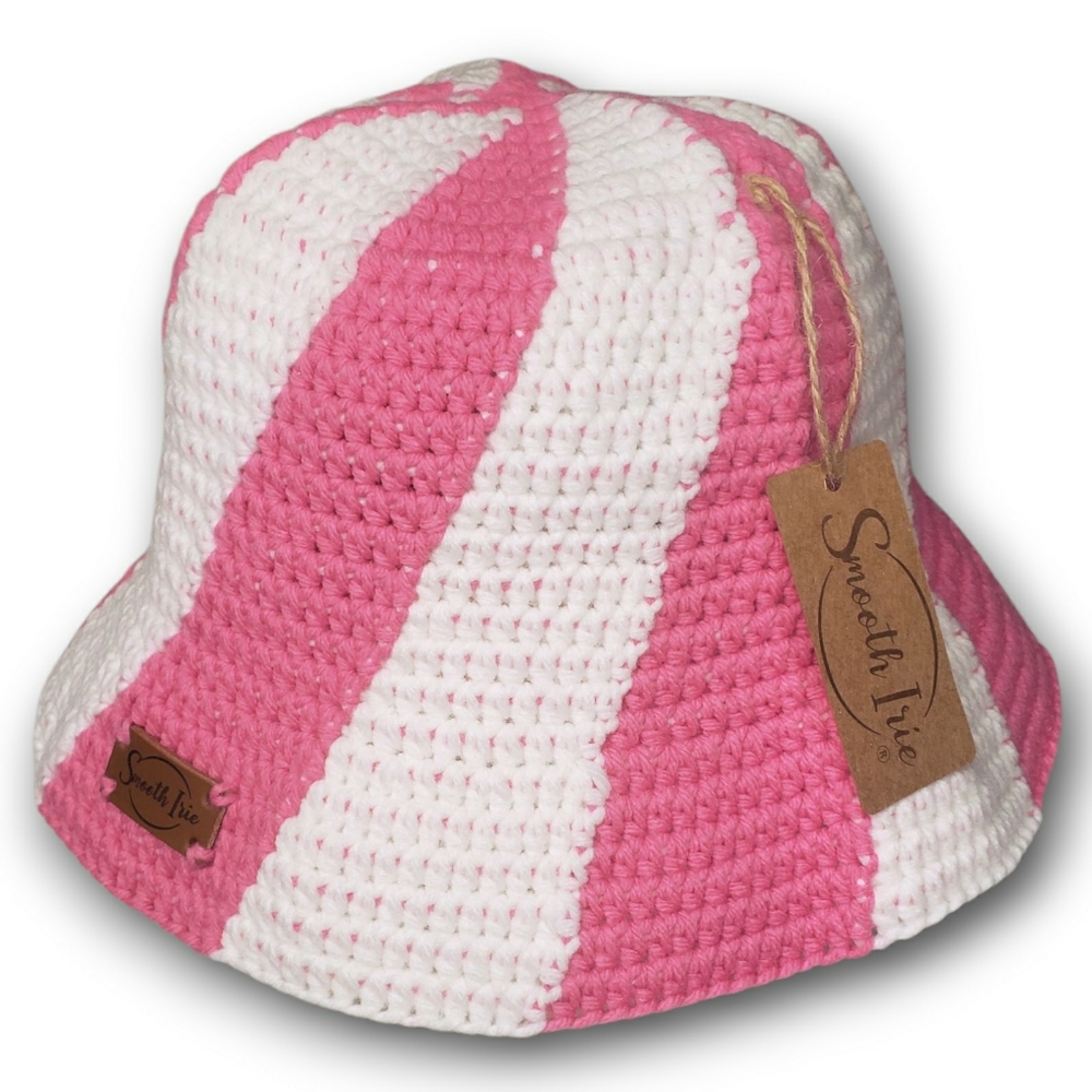 Swirl Candy Bucket Hat White & Pink SmoothIrie Crochet Striped Travel Beach NWT